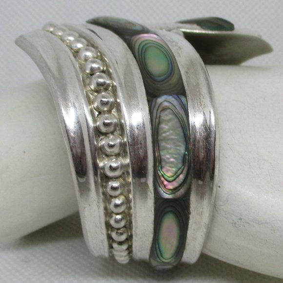 Wide ABALONE MEXICAN SILVER Clamper Mexican Cuff Bracelet Marked Alpaca Mexico - Picture 7 of 11